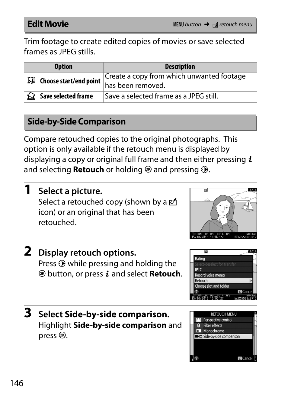 Edit movie, Side-by-side comparison | Nikon D5 User Manual | Page 146 / 152