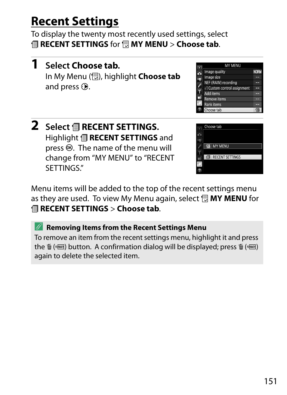 Recent settings | Nikon D5 User Manual | Page 151 / 152