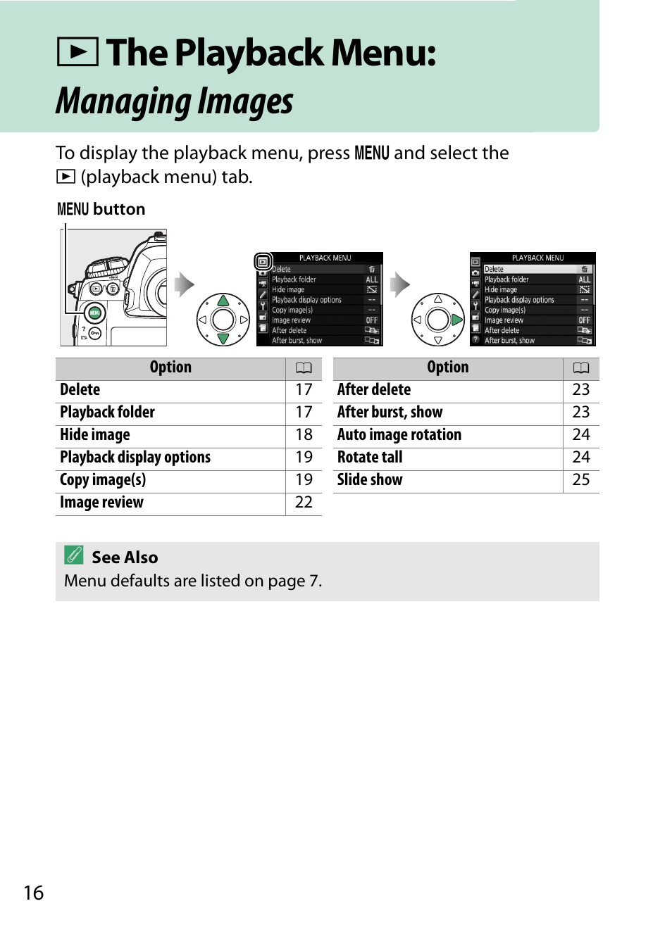 The playback menu: managing images, D the playback menu: managing images | Nikon D5 User Manual | Page 16 / 152