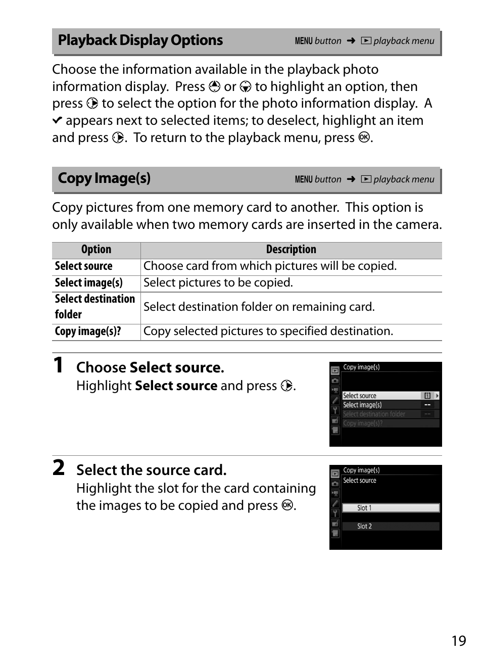 Playback display options, Copy image(s) | Nikon D5 User Manual | Page 19 / 152