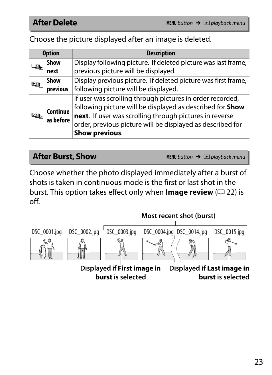 After delete, After burst, show | Nikon D5 User Manual | Page 23 / 152