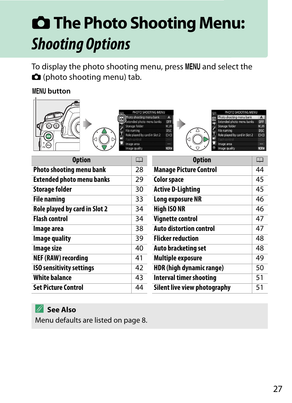 The photo shooting menu: shooting options, C the photo shooting menu: shooting options | Nikon D5 User Manual | Page 27 / 152