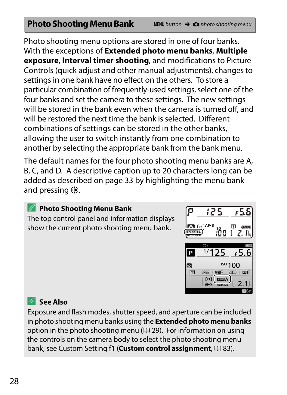 Photo shooting menu bank | Nikon D5 User Manual | Page 28 / 152