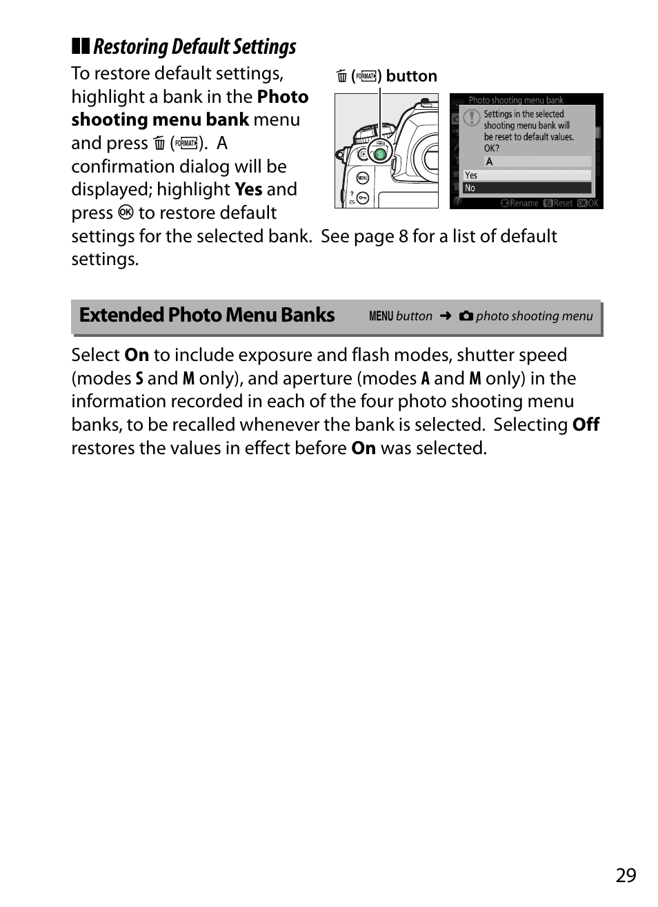 Extended photo menu banks, Restoring default settings | Nikon D5 User Manual | Page 29 / 152