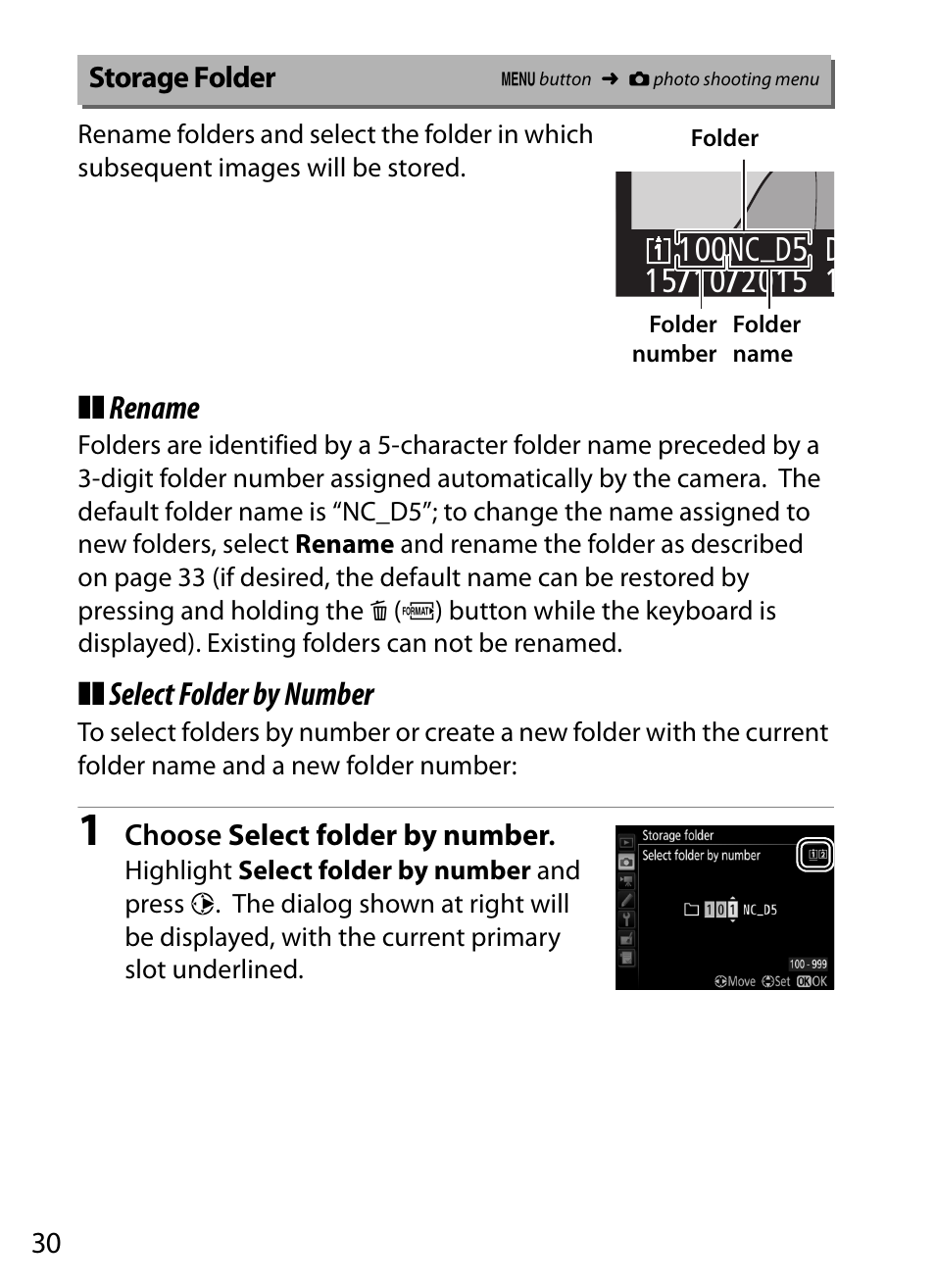 Storage folder, Lder, Rename | Select folder by number | Nikon D5 User Manual | Page 30 / 152