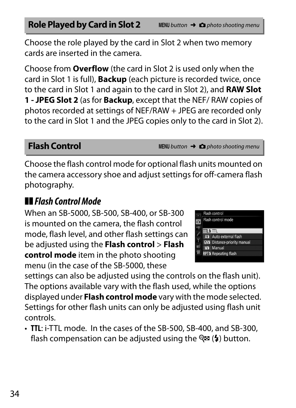 Role played by card in slot 2, Flash control, Flash control mode | Nikon D5 User Manual | Page 34 / 152