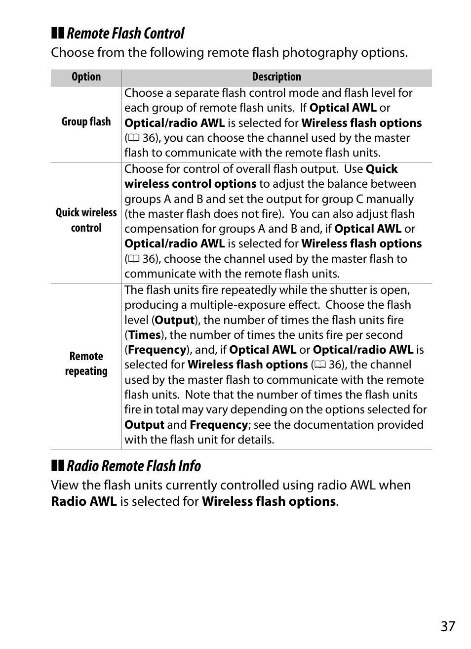 Remote flash control, Radio remote flash info | Nikon D5 User Manual | Page 37 / 152