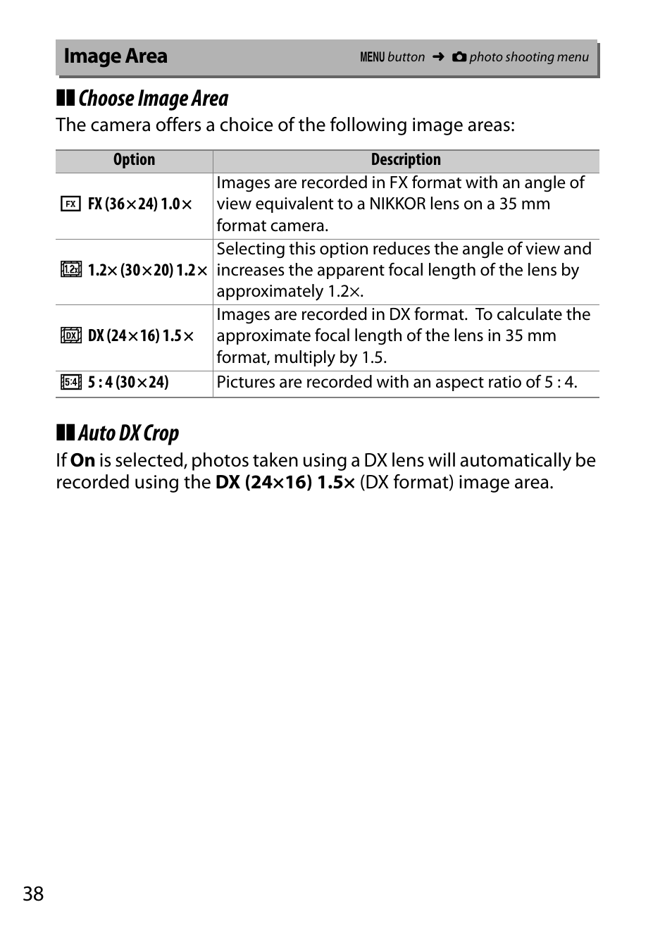 Image area, Choose image area, Auto dx crop | Nikon D5 User Manual | Page 38 / 152