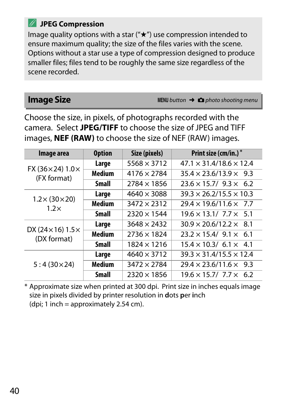 Image size | Nikon D5 User Manual | Page 40 / 152