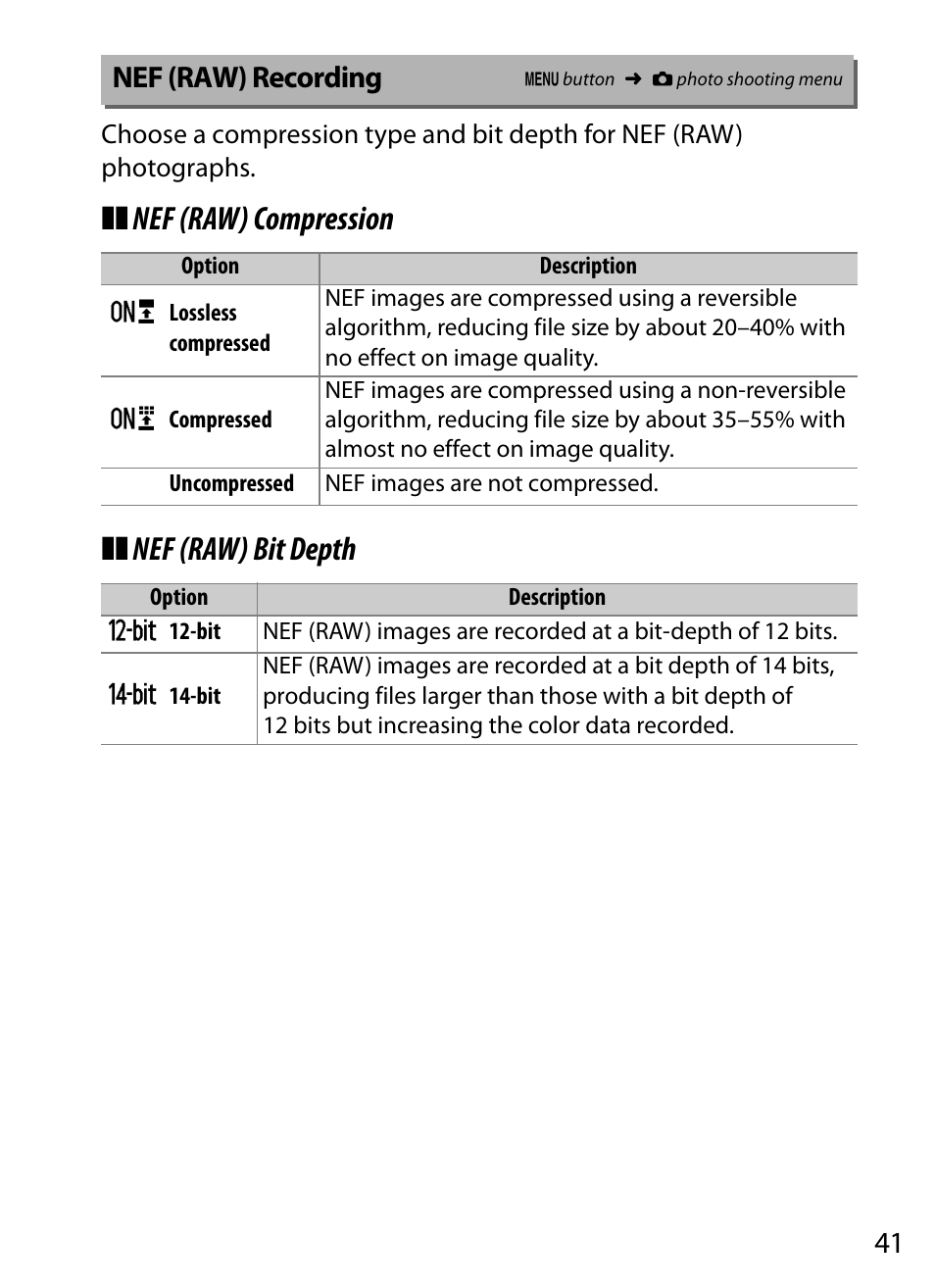 Nef (raw) recording, Nef (raw) compression ❚❚ nef (raw) bit depth | Nikon D5 User Manual | Page 41 / 152