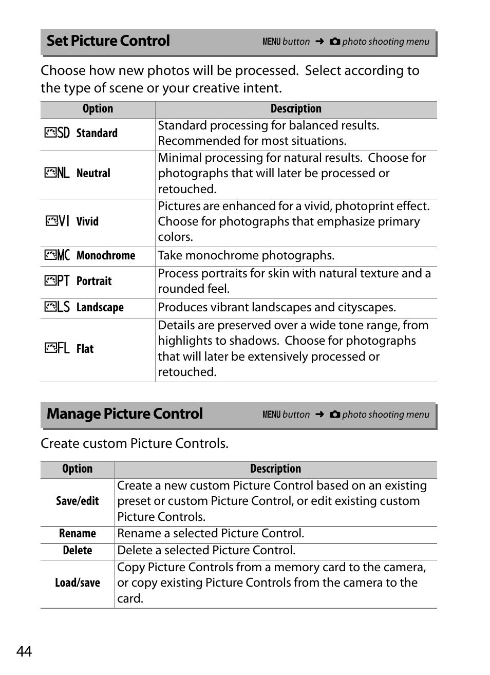 Set picture control, Manage picture control | Nikon D5 User Manual | Page 44 / 152