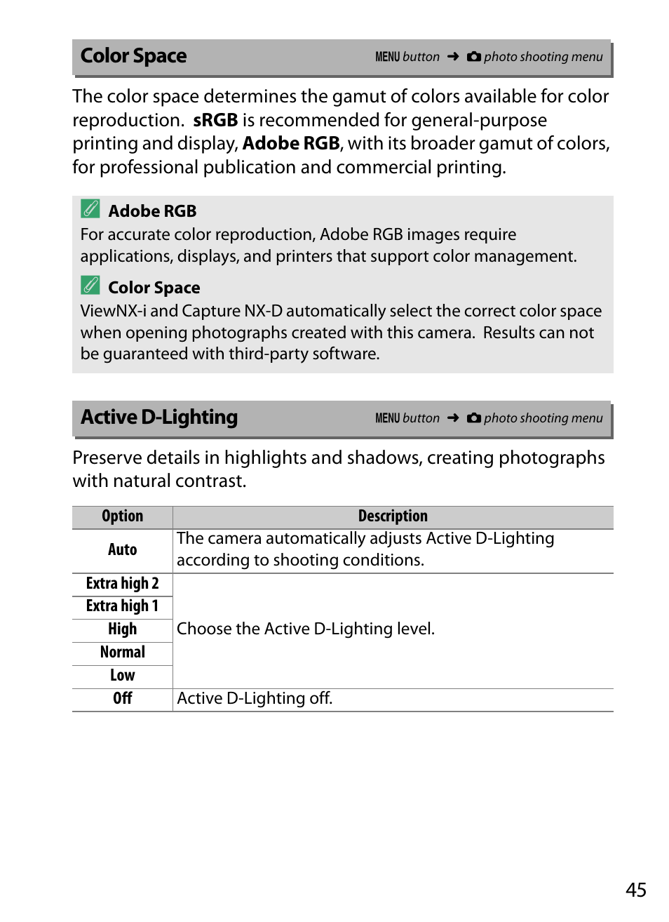 Color space, Active d-lighting | Nikon D5 User Manual | Page 45 / 152