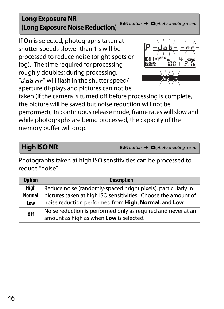 Long exposure nr (long exposure noise reduction), High iso nr | Nikon D5 User Manual | Page 46 / 152