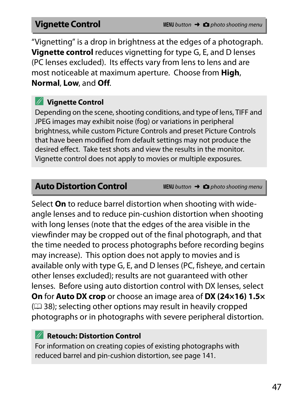 Vignette control, Auto distortion control, Tte control | Nikon D5 User Manual | Page 47 / 152