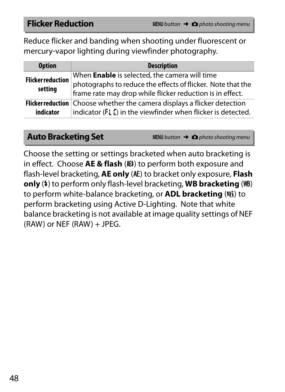 Flicker reduction, Auto bracketing set | Nikon D5 User Manual | Page 48 / 152