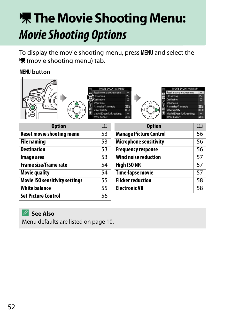 The movie shooting menu: movie shooting options, 1 the movie shooting menu: movie shooting options | Nikon D5 User Manual | Page 52 / 152