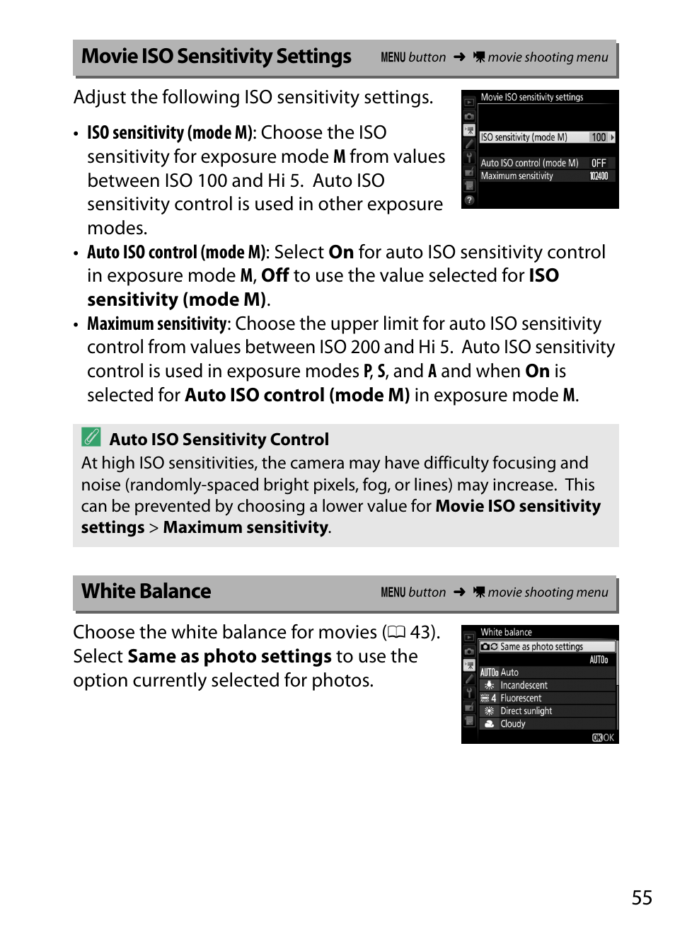 Movie iso sensitivity settings, White balance | Nikon D5 User Manual | Page 55 / 152