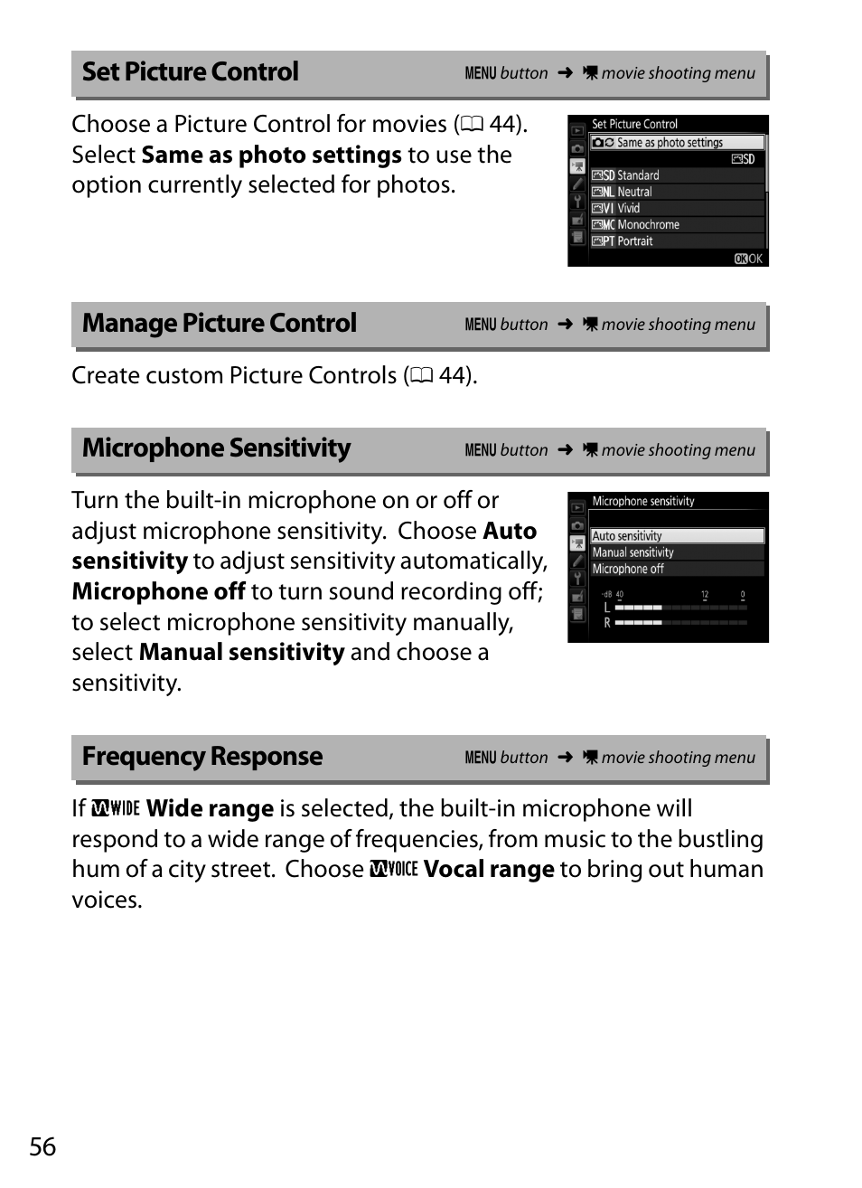 Set picture control, Manage picture control, Microphone sensitivity | Frequency response | Nikon D5 User Manual | Page 56 / 152