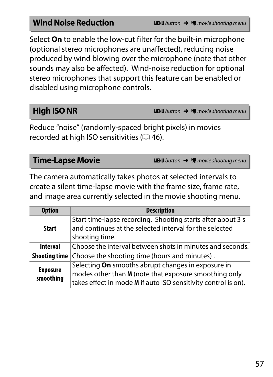 Wind noise reduction, High iso nr, Time-lapse movie | Nikon D5 User Manual | Page 57 / 152