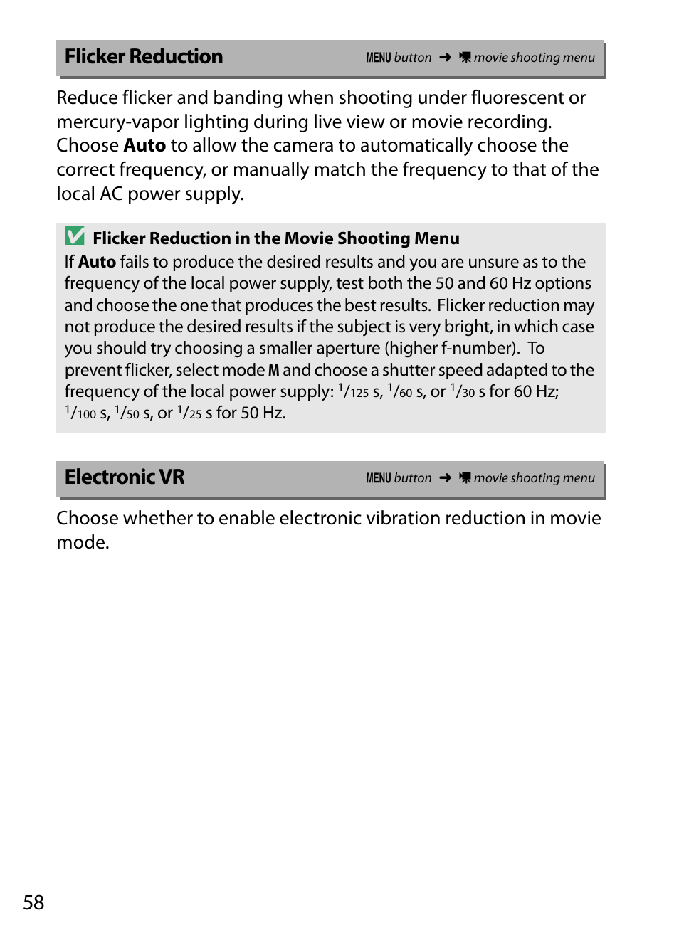 Flicker reduction, Electronic vr | Nikon D5 User Manual | Page 58 / 152