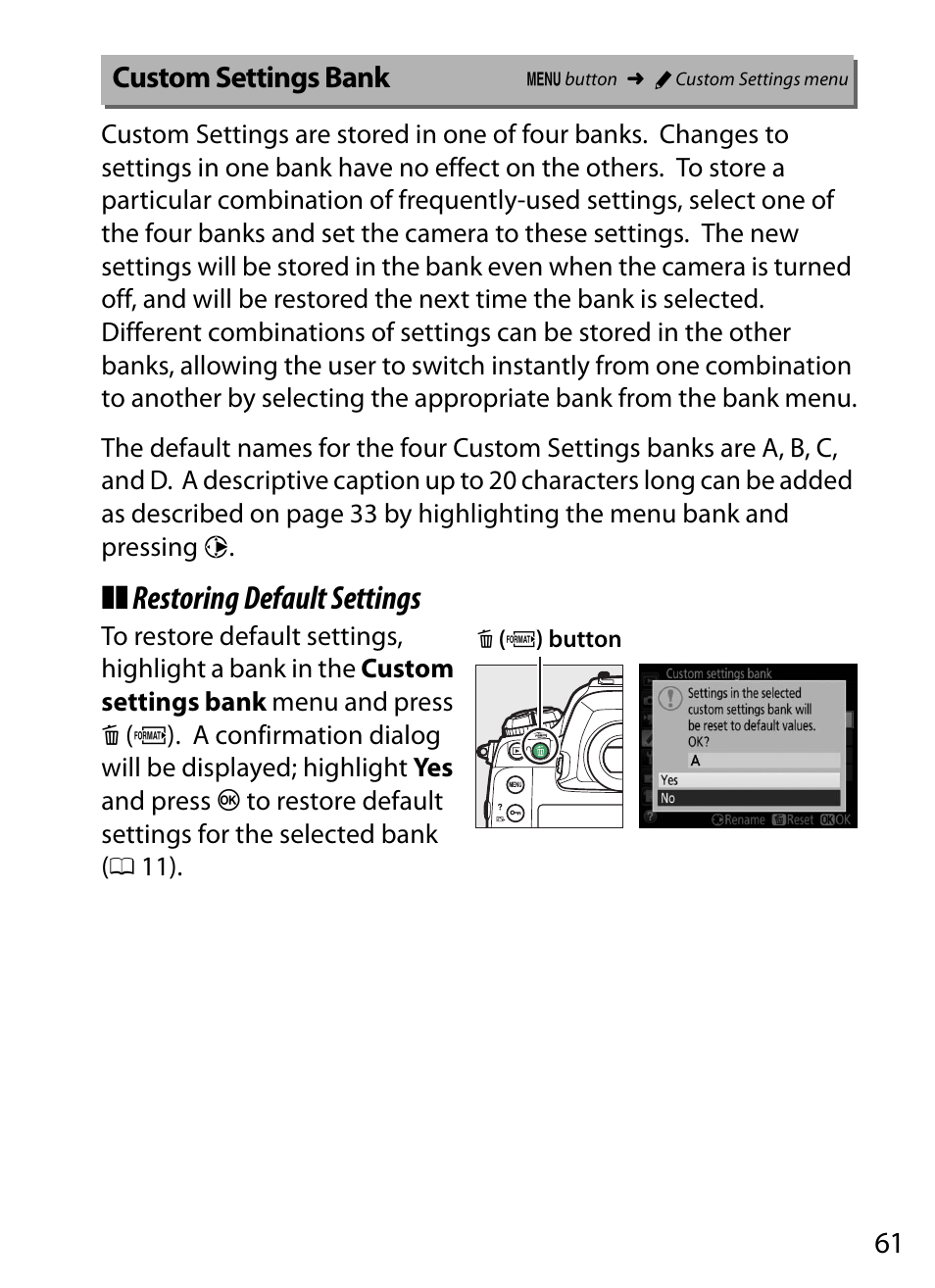 Custom settings bank, Restoring default settings | Nikon D5 User Manual | Page 61 / 152