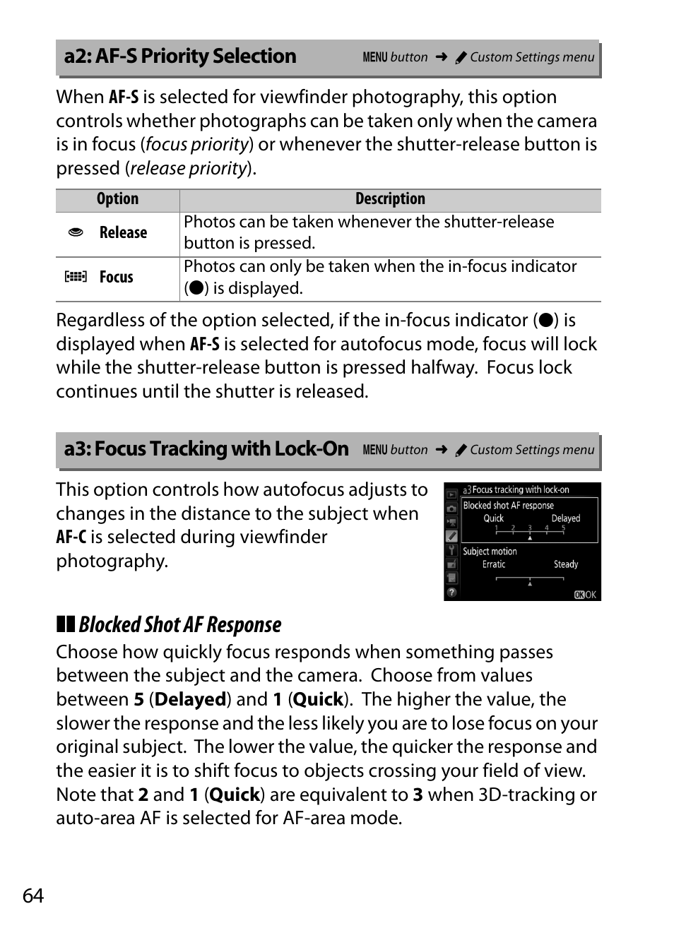 A2: af-s priority selection, A3: focus tracking with lock-on, Blocked shot af response | Nikon D5 User Manual | Page 64 / 152