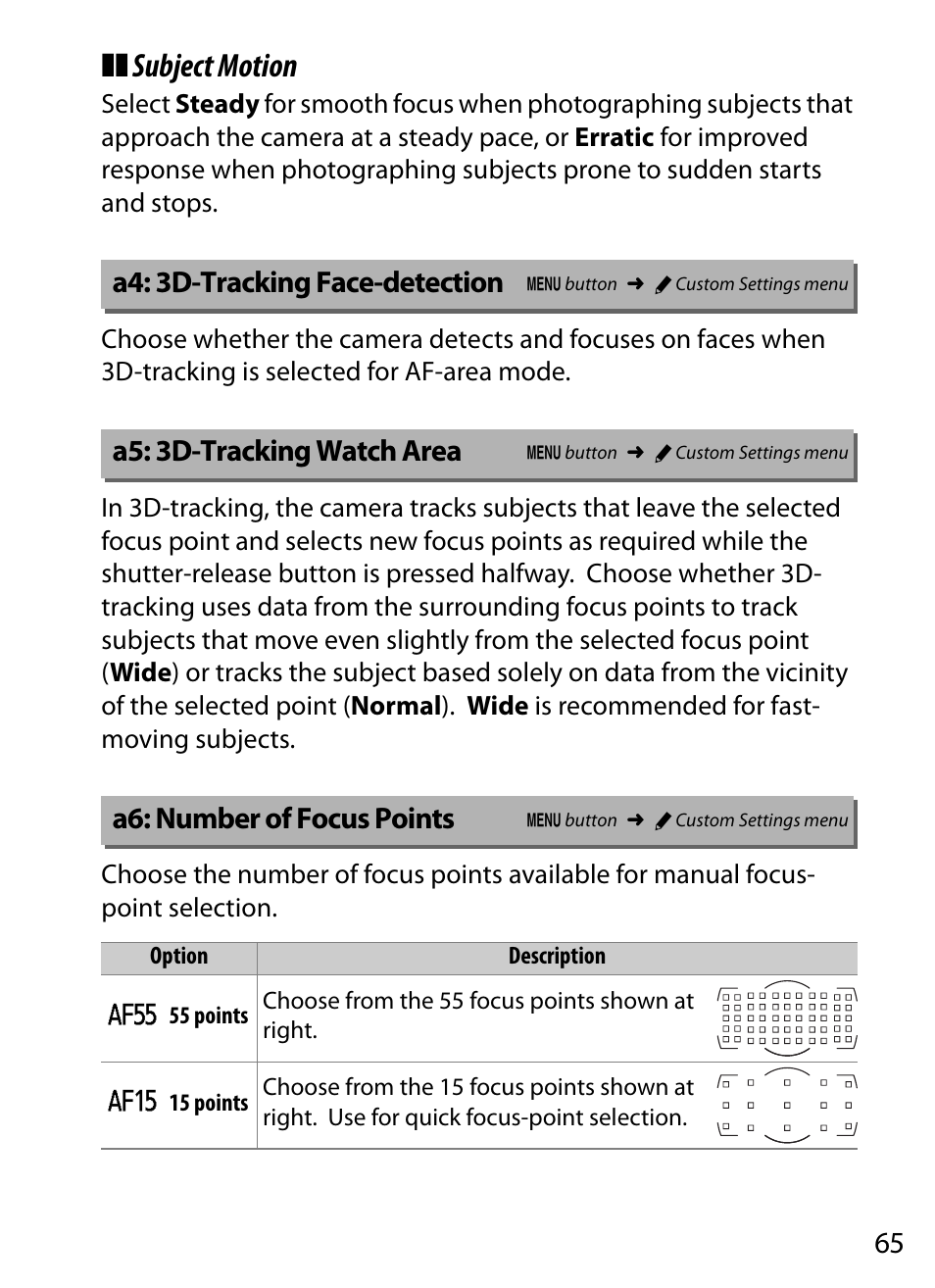 A4: 3d-tracking face-detection, A5: 3d-tracking watch area, A6: number of focus points | Tion, Subject motion | Nikon D5 User Manual | Page 65 / 152