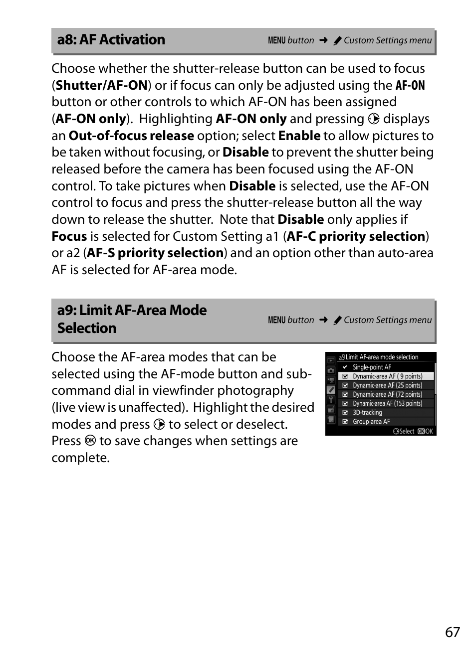 A8: af activation, A9: limit af-area mode selection, Tion | Nikon D5 User Manual | Page 67 / 152