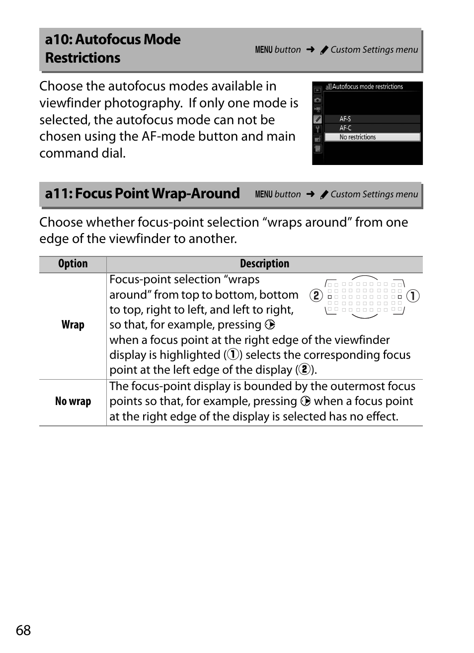 A10: autofocus mode restrictions, A11: focus point wrap-around | Nikon D5 User Manual | Page 68 / 152