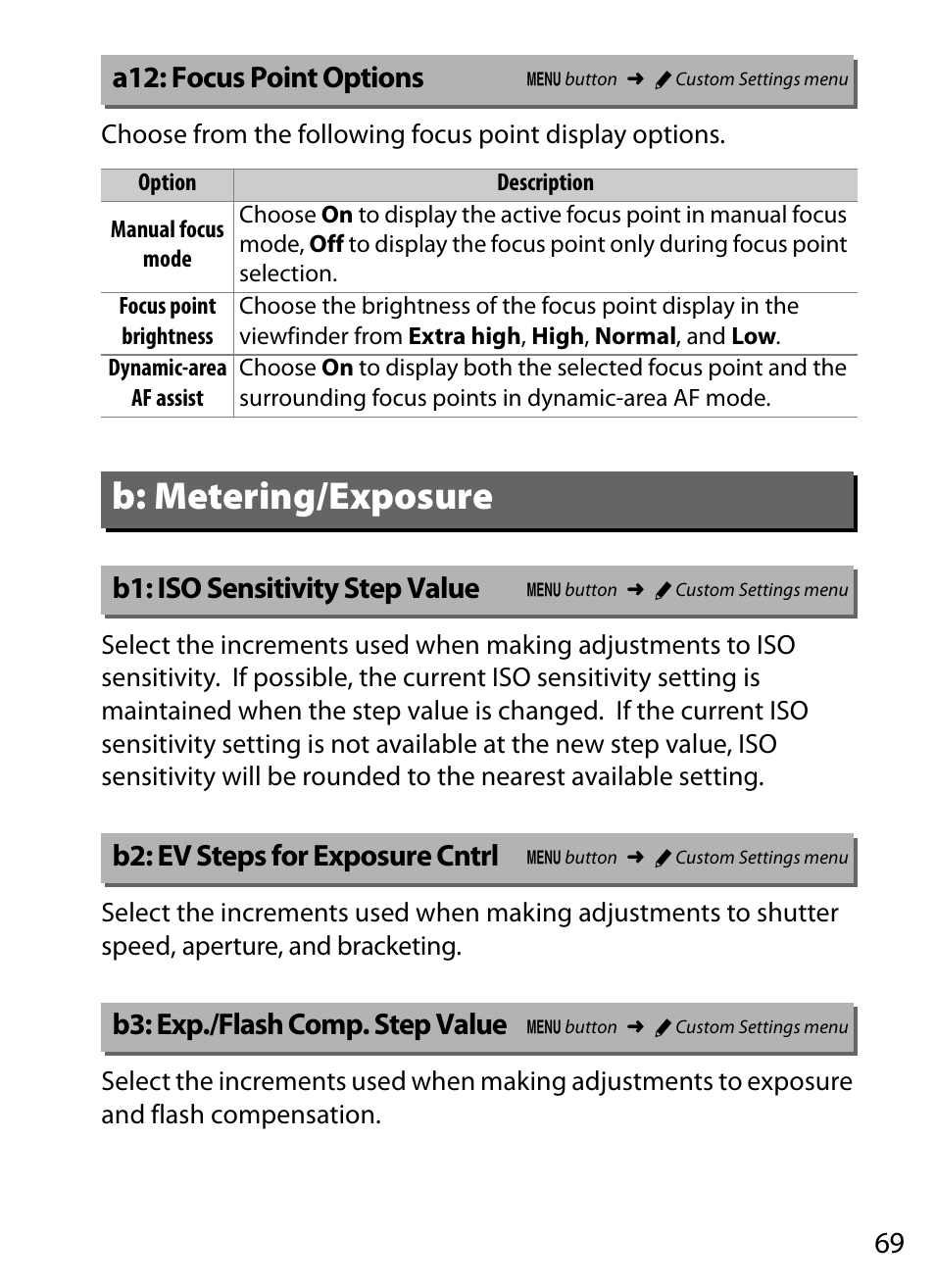 A12: focus point options, B: metering/exposure, B1: iso sensitivity step value | B2: ev steps for exposure cntrl, B3: exp./flash comp. step value | Nikon D5 User Manual | Page 69 / 152