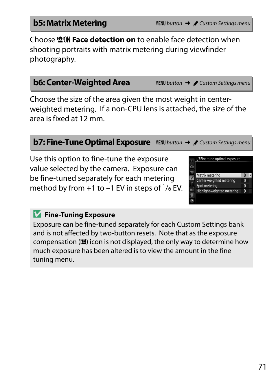 B5: matrix metering, B6: center-weighted area, B7: fine-tune optimal exposure | Nikon D5 User Manual | Page 71 / 152