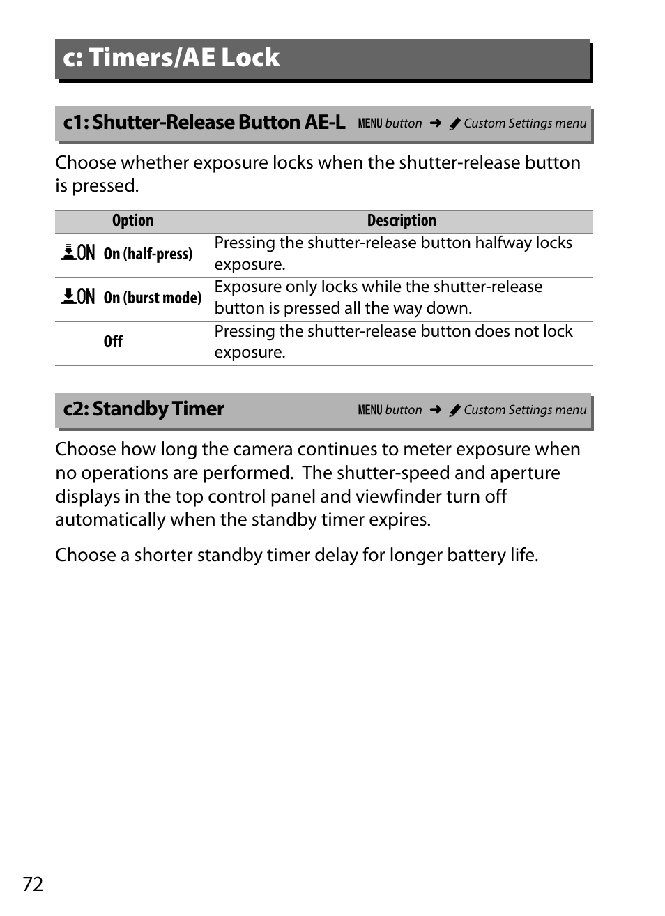 C: timers/ae lock, C1: shutter-release button ae-l, C2: standby timer | Nikon D5 User Manual | Page 72 / 152