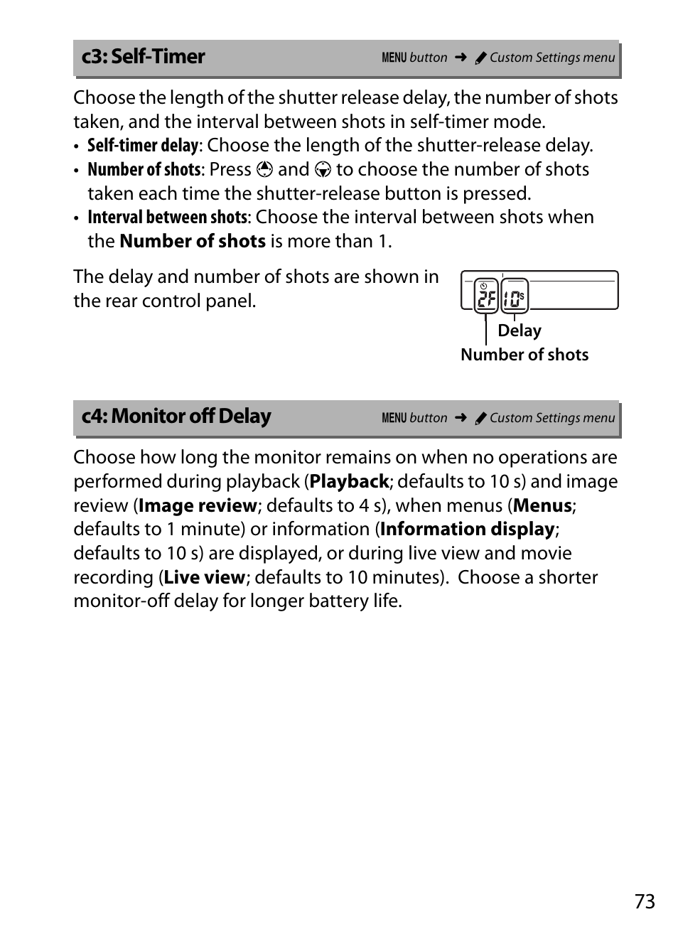 C3: self-timer, C4: monitor off delay | Nikon D5 User Manual | Page 73 / 152