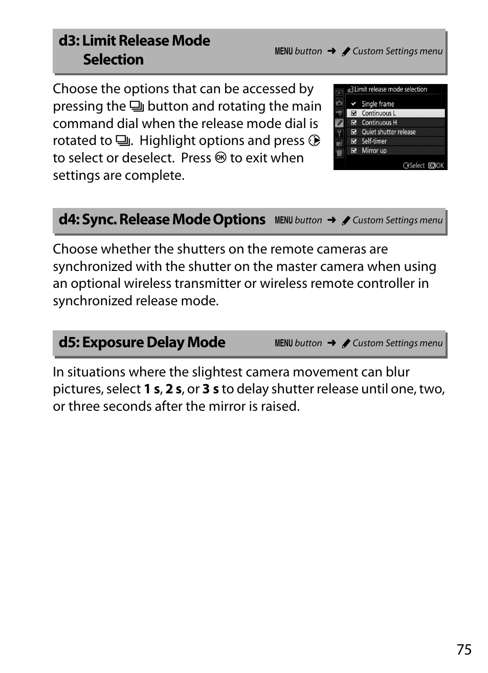 D3: limit release mode selection, D4: sync. release mode options, D5: exposure delay mode | Nikon D5 User Manual | Page 75 / 152