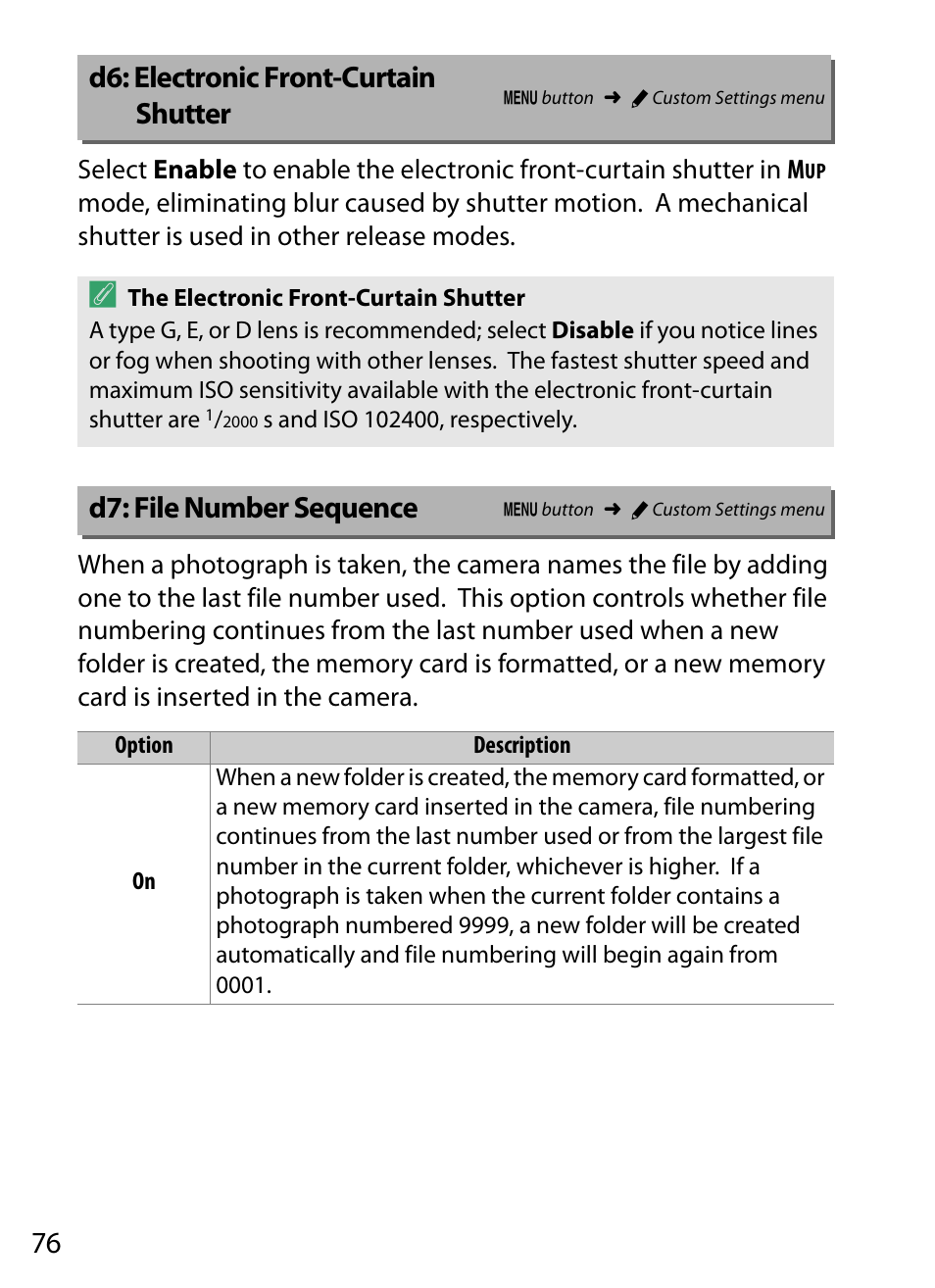 D6: electronic front-curtain shutter, D7: file number sequence, Ence | Nikon D5 User Manual | Page 76 / 152