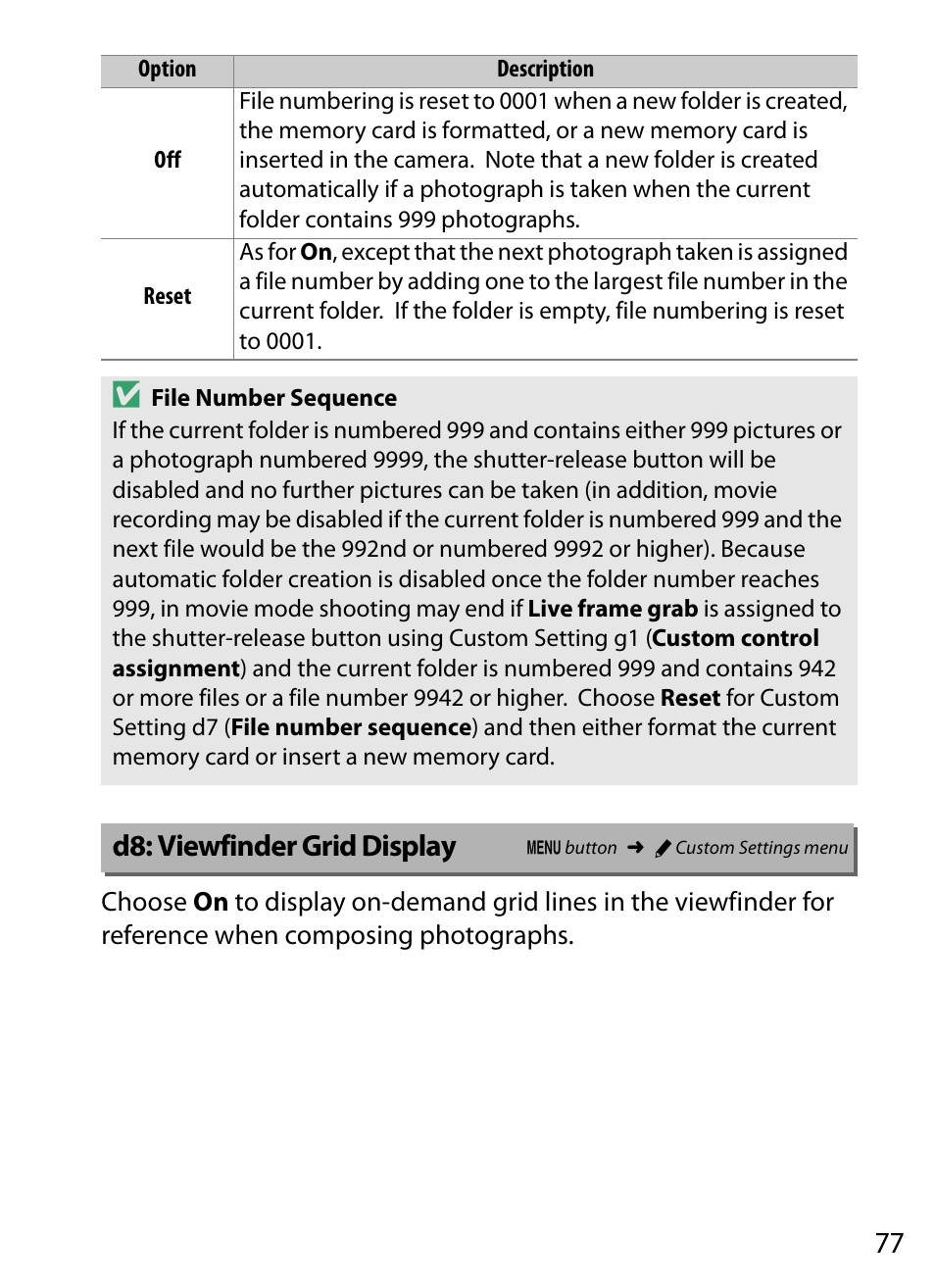D8: viewfinder grid display | Nikon D5 User Manual | Page 77 / 152