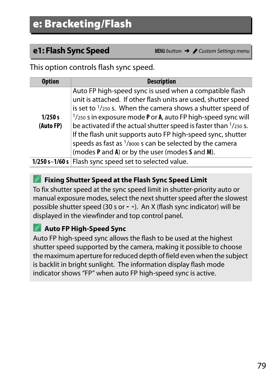 E: bracketing/flash, E1: flash sync speed | Nikon D5 User Manual | Page 79 / 152