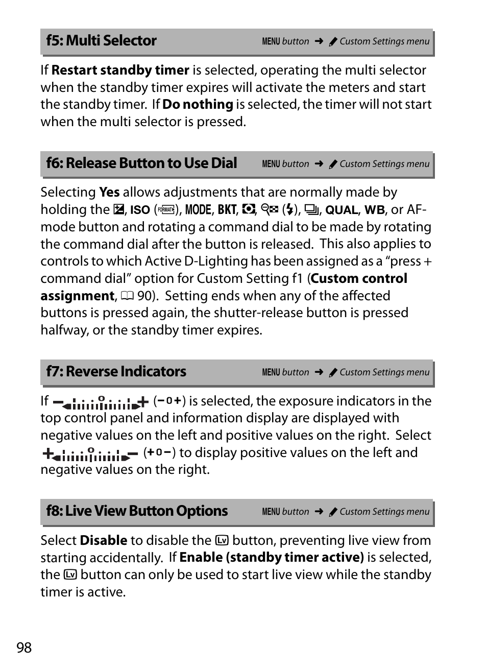 F5: multi selector, F6: release button to use dial, F7: reverse indicators | F8: live view button options | Nikon D5 User Manual | Page 98 / 152