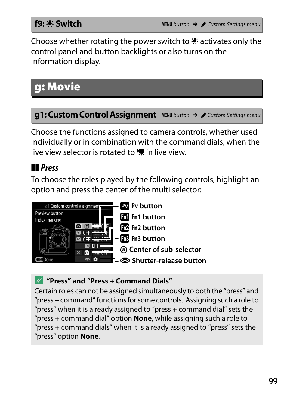 F9: lcd illuminator switch, G: movie, G1: custom control assignment | Press | Nikon D5 User Manual | Page 99 / 152