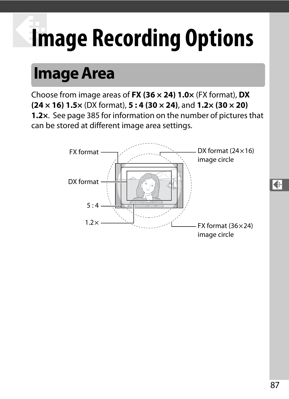 Image recording options, Image area | Nikon D5 User Manual | Page 109 / 424