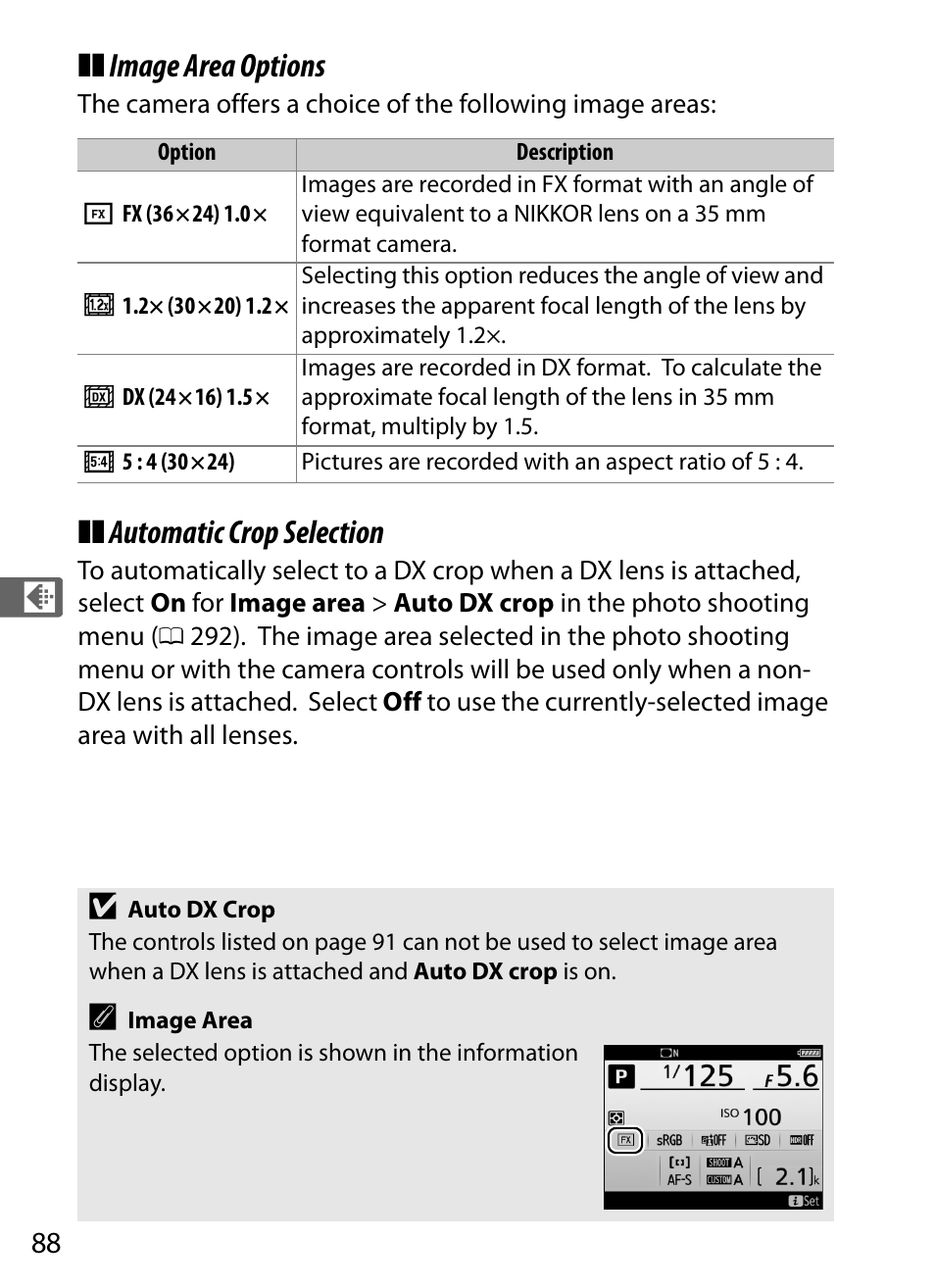 Image area options, Automatic crop selection | Nikon D5 User Manual | Page 110 / 424
