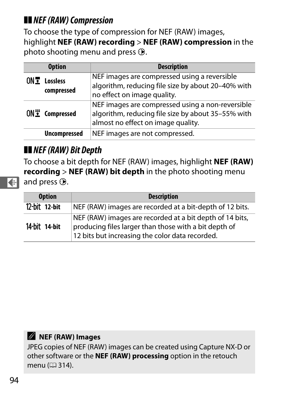 Nef (raw) compression, Nef (raw) bit depth | Nikon D5 User Manual | Page 116 / 424