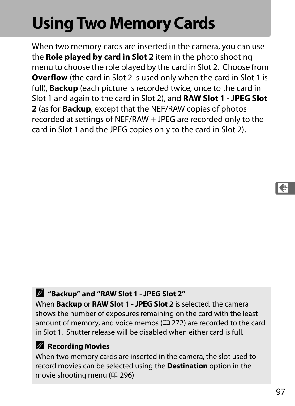 Using two memory cards | Nikon D5 User Manual | Page 119 / 424