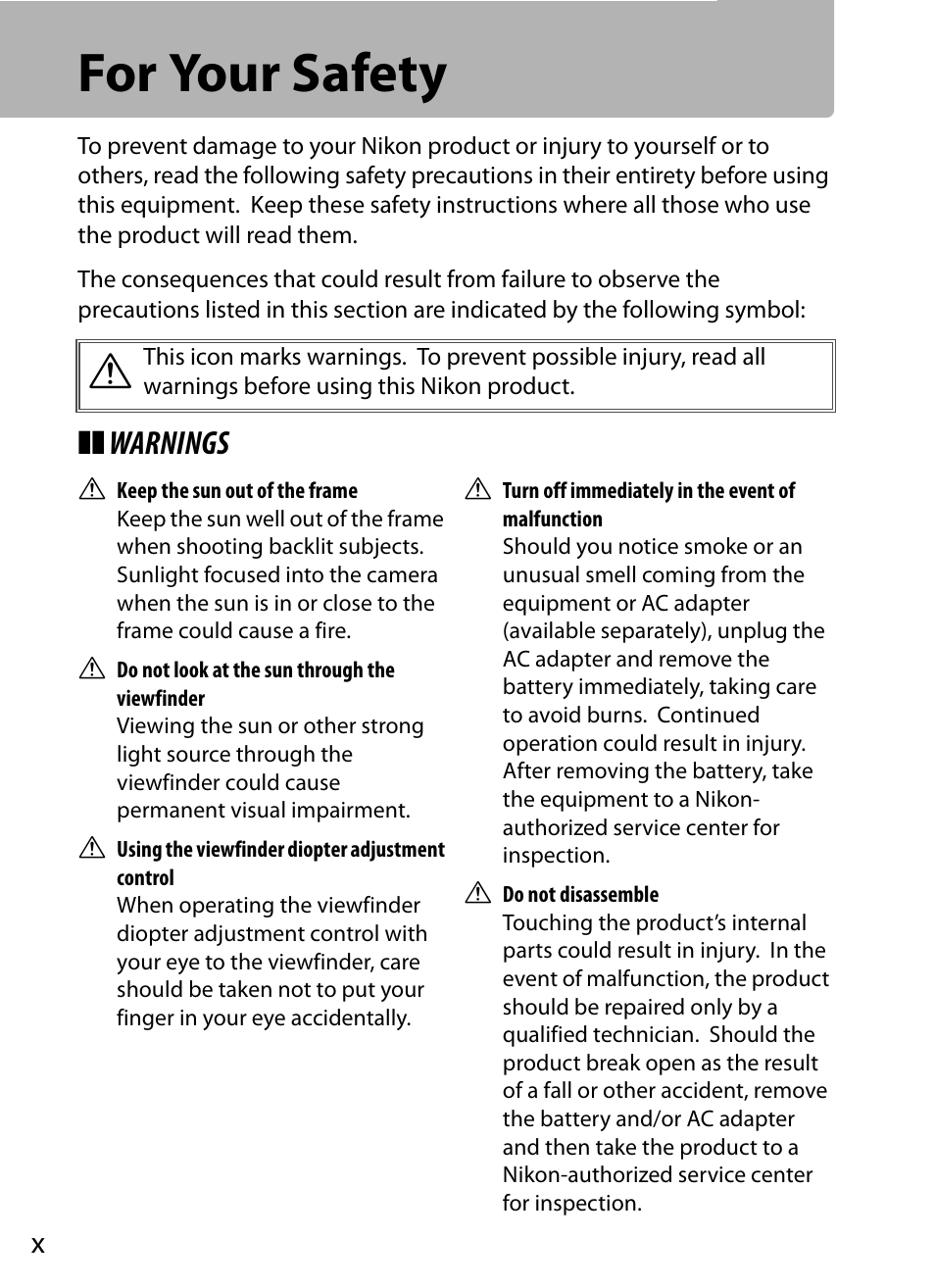 For your safety, Warnings | Nikon D5 User Manual | Page 12 / 424