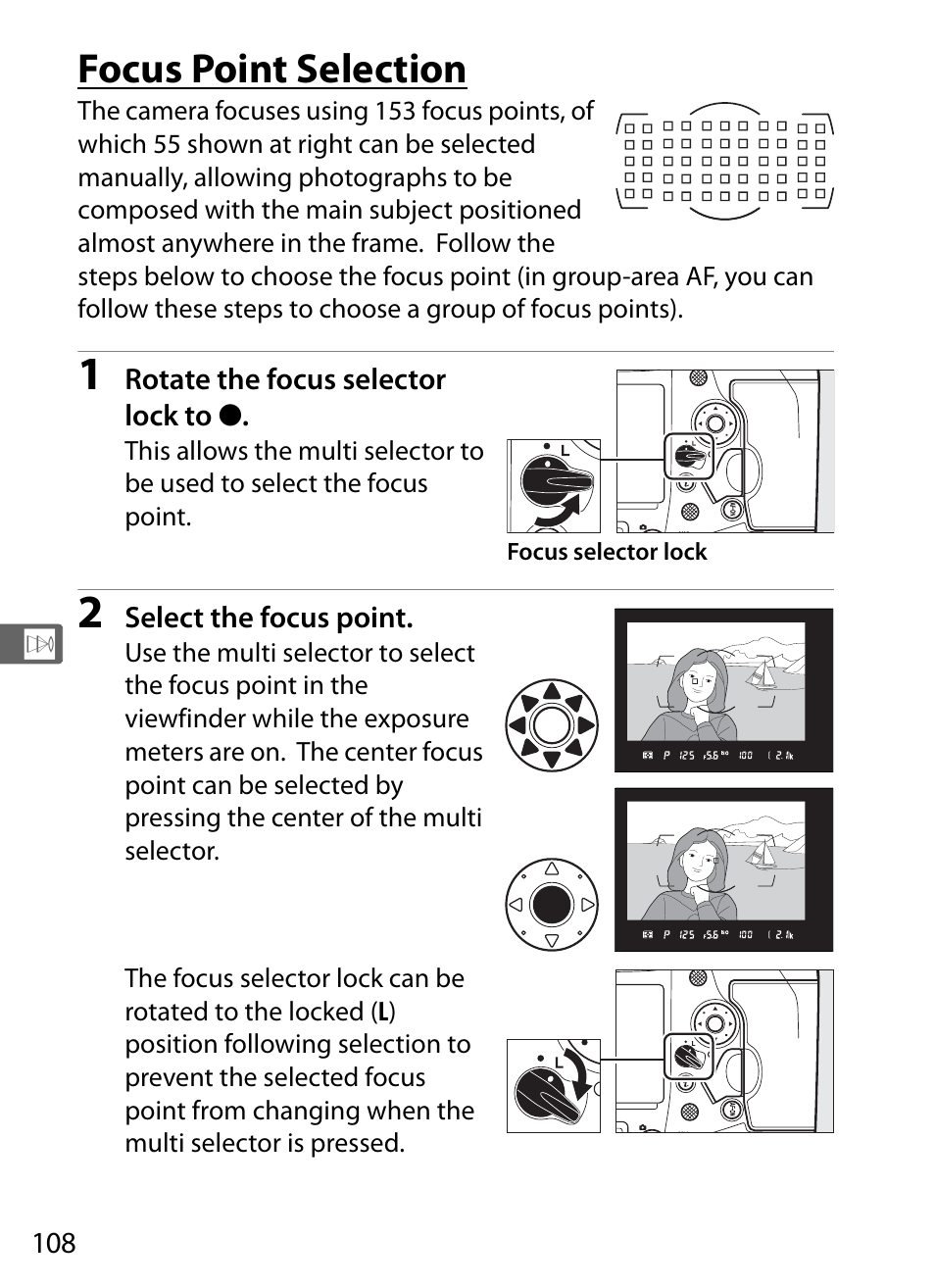 Focus point selection, Cus point, 0 108), and | 0 108) or | Nikon D5 User Manual | Page 130 / 424