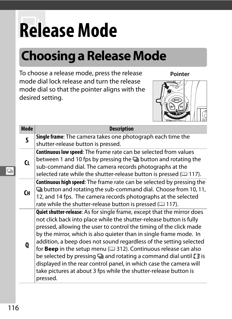 Release mode, Choosing a release mode | Nikon D5 User Manual | Page 138 / 424