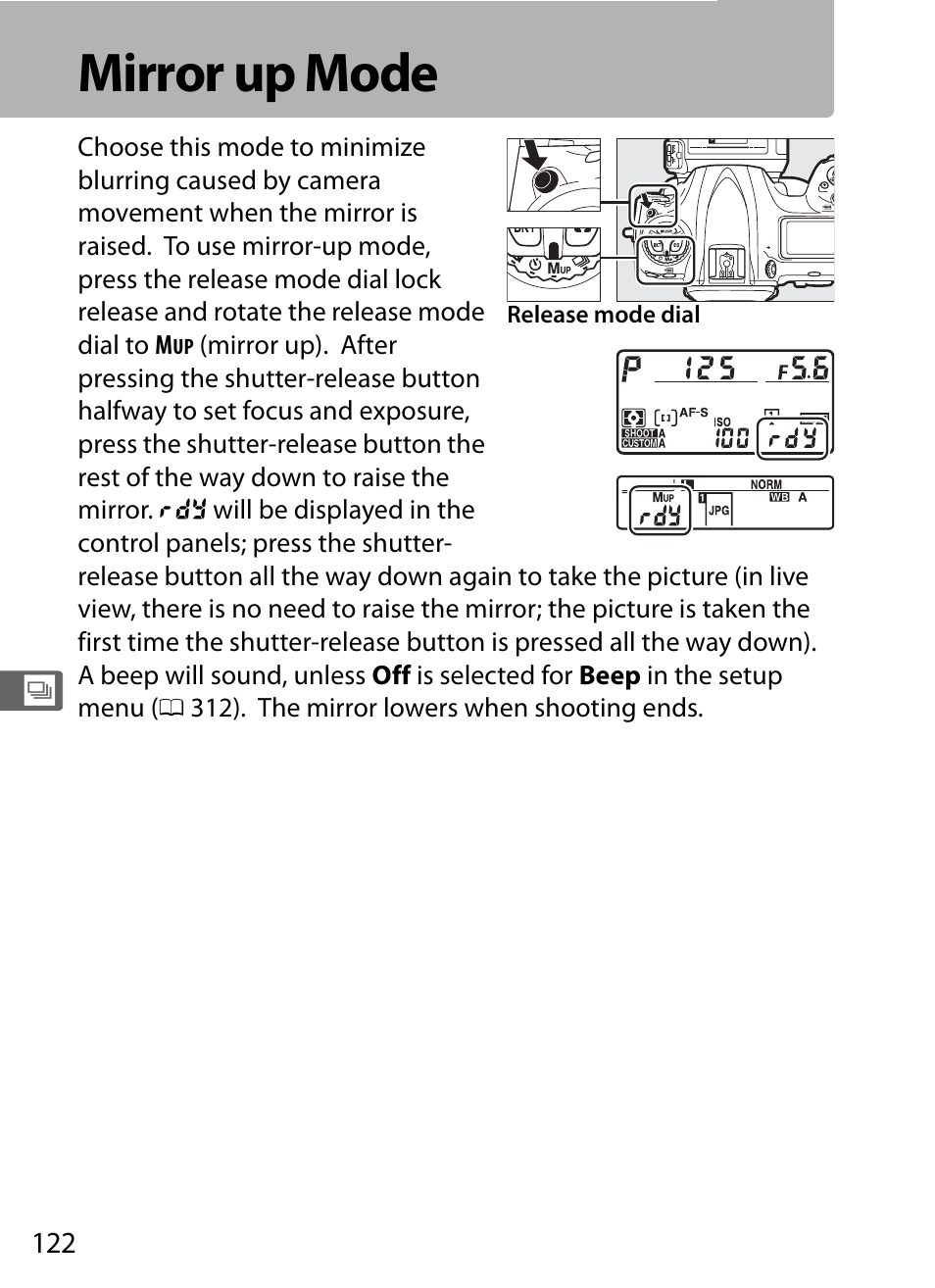 Mirror up mode | Nikon D5 User Manual | Page 144 / 424