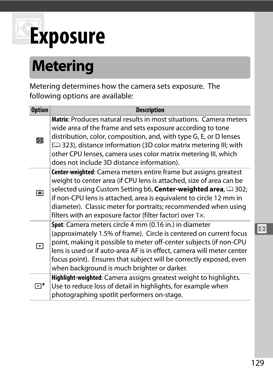 Exposure, Metering | Nikon D5 User Manual | Page 151 / 424