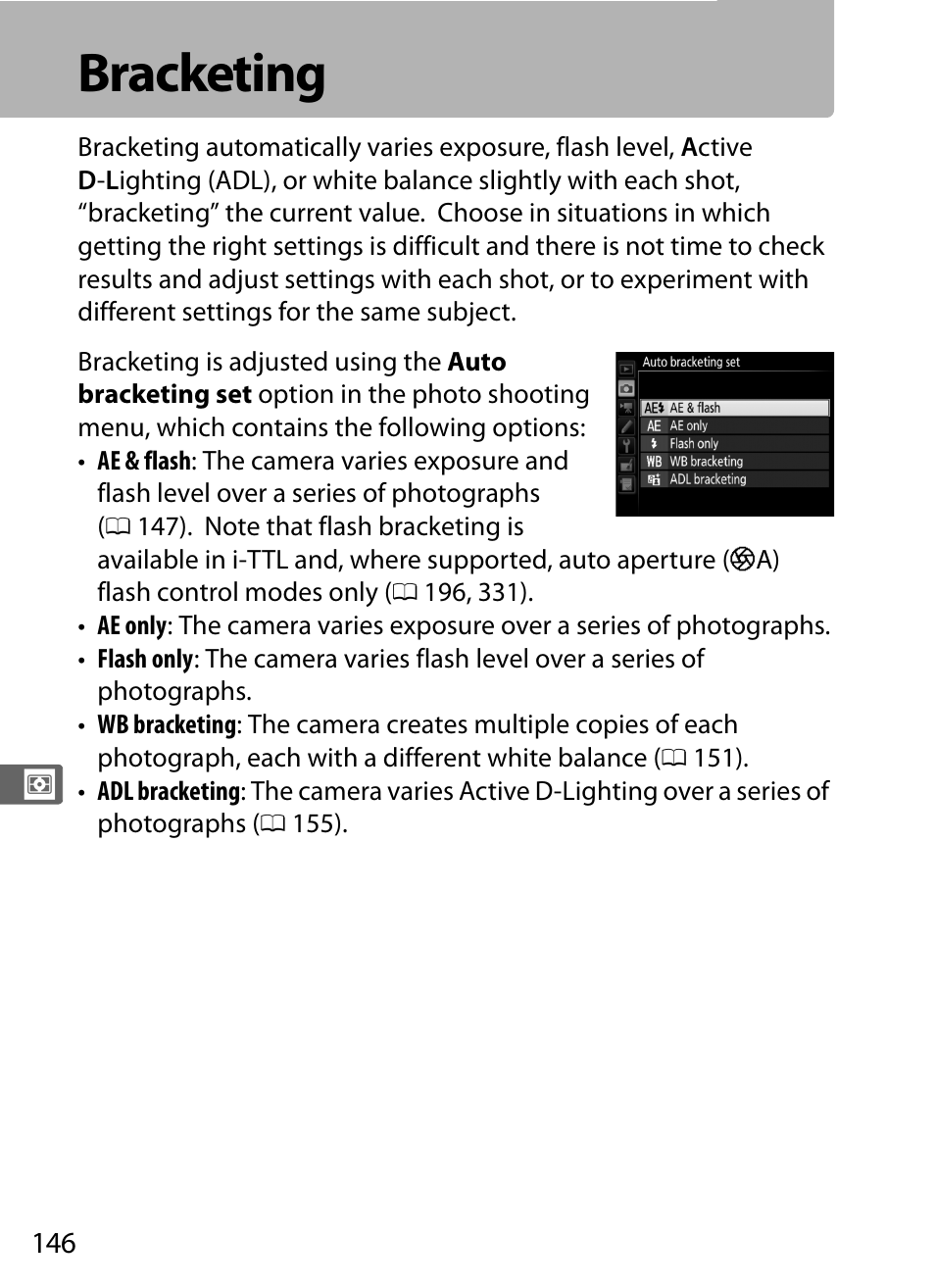 Bracketing, Acketing, 0 146), h | Nikon D5 User Manual | Page 168 / 424