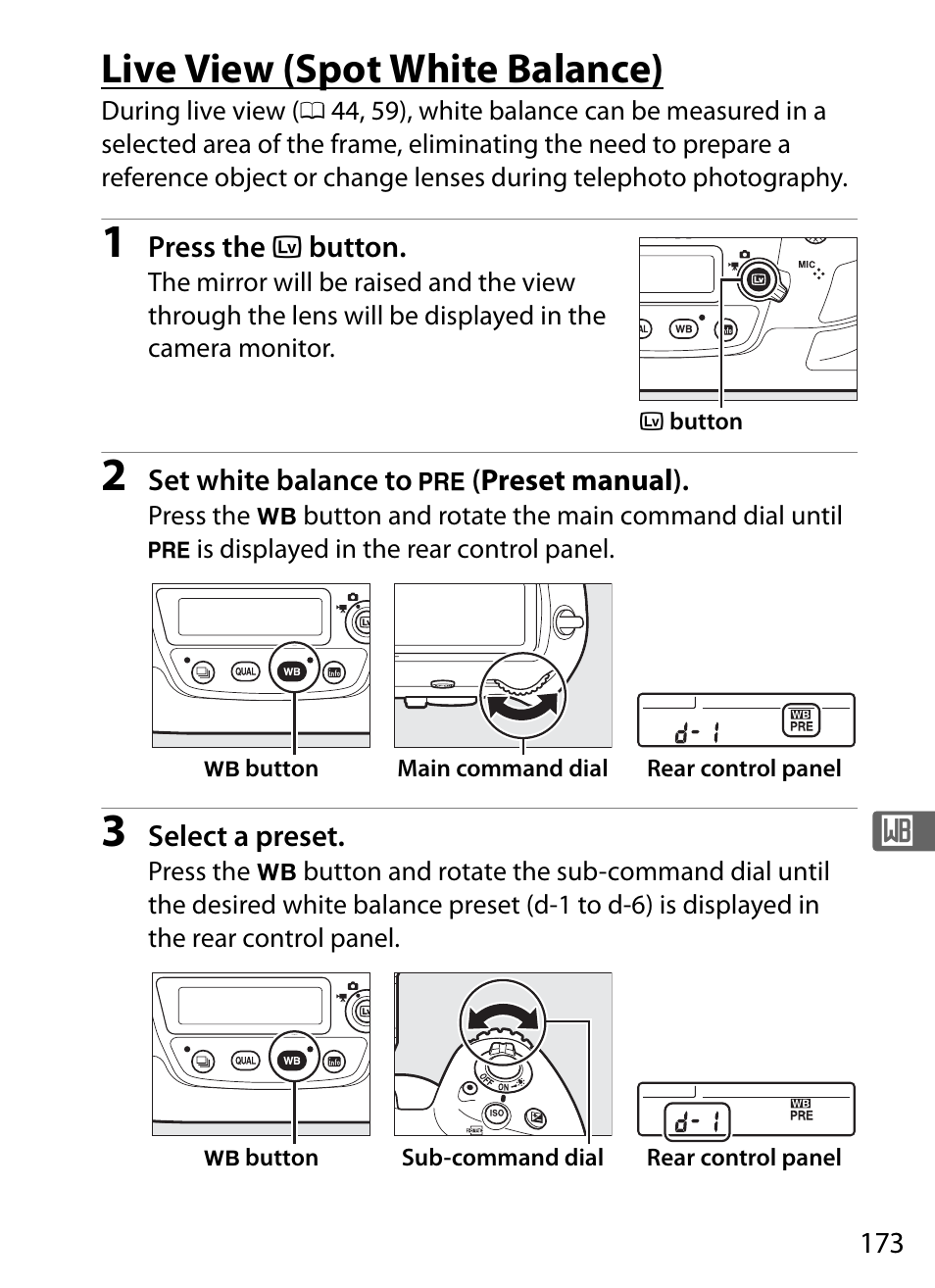 Live view (spot white balance) | Nikon D5 User Manual | Page 195 / 424